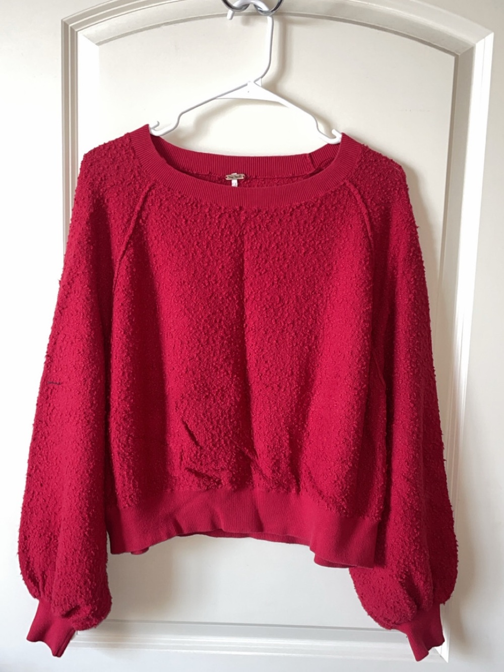 Free People Bright Red Bouclé Crewneck Sweater